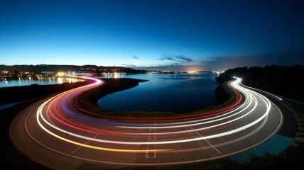 Colorful car light trails, long exposure photo at night, fantastic night scene, top view, a long exposure photo at the night