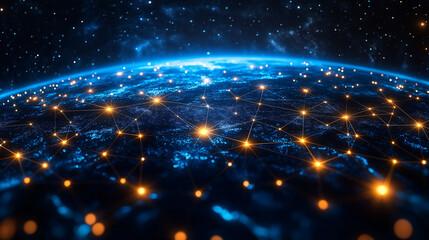 Fototapeta premium 3D Rendering of Earth at Night Surrounded by Network Connections, Glowing Dots and Lines, Communication and Telecommunications Concept, 5G Mobile, Global Business