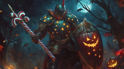 A knight adorned with a colorful, whimsical suit of armor covered in stars, wielding a candy cane sword and a pumpkin-shaped shield, set against a backdrop of spooky trees and glowing bats.