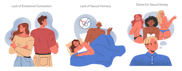 Reasons For Men Cheating. Flat Vector Illustration