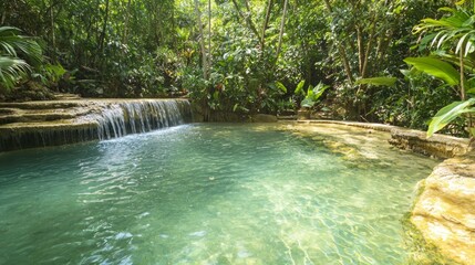 Naklejka premium Serene Hidden Waterfall in Unseen Thailand Surrounded by Lush Foliage and Orchids, Ultra Detailed Shot of Crystal-Clear Turquoise Pool