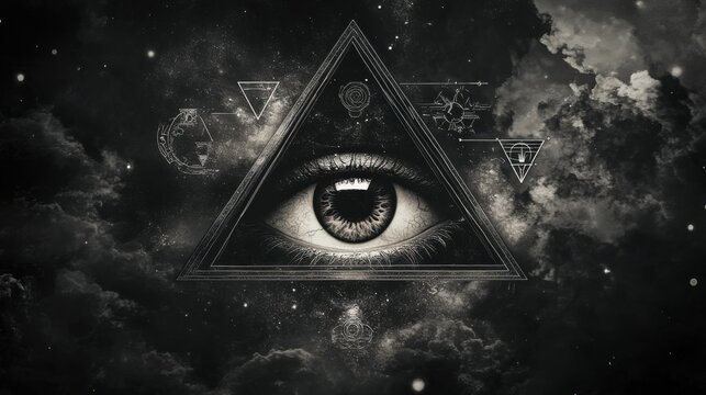 A mystical eye in a triangle, surrounded by alchemical symbols and elements, giving an ancient, secretive feel to the black and white design.