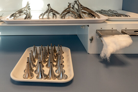 Ear and nose speculums on tablets in an ENT practice