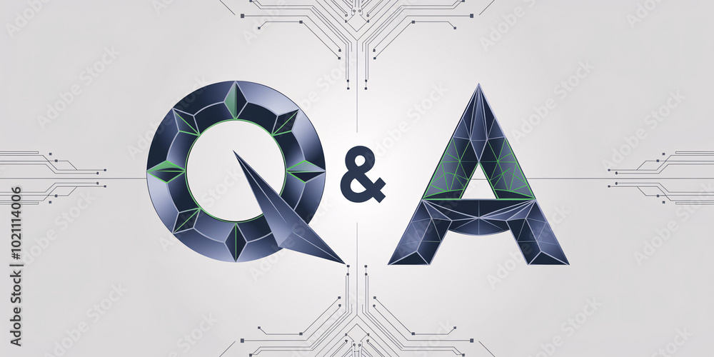 Poster futuristic q&a letters with geometric facets and metallic sheen, set on a tech-inspired background w