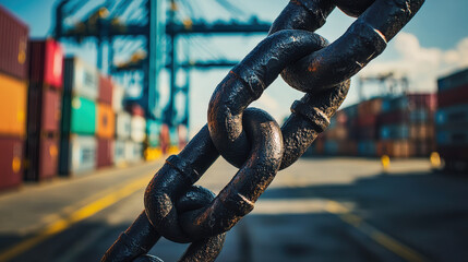 A close-up photograph of a robust industrial metal chain, sharply in focus, against the blurred backdrop of a busy shipping port with colorful containers.