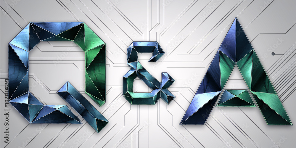 Poster 3d polygonal q&a letters in metallic blue and green tones on a tech-circuit background. modern and i