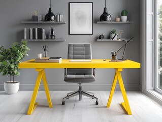 Eye-catching study room featuring a lemon yellow desk against light gray walls