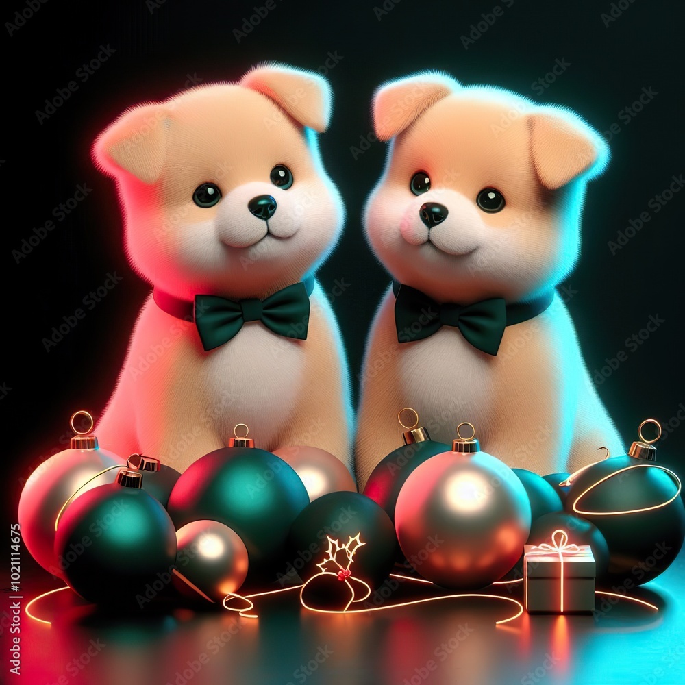 Wall mural a couple christmas cute puppy with balls on a black background. 3d rendering. neon lights