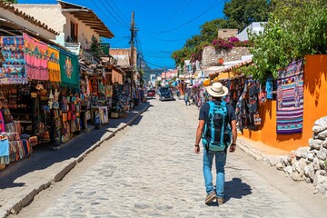 Obraz premium Traveler Exploring Vibrant Local Market on Sunny Cobblestone Street