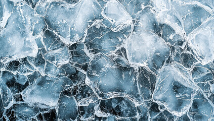 Capturing the beauty of frozen water, this image showcases various ice chunks with intricate patterns and textures, presenting a captivating wintry scene.