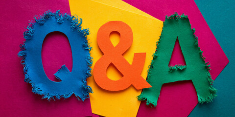 Vibrant torn-paper Q&A typography with bold colors on pink, yellow, and green backgrounds. Textured and crafty design, perfect for creative projects.

