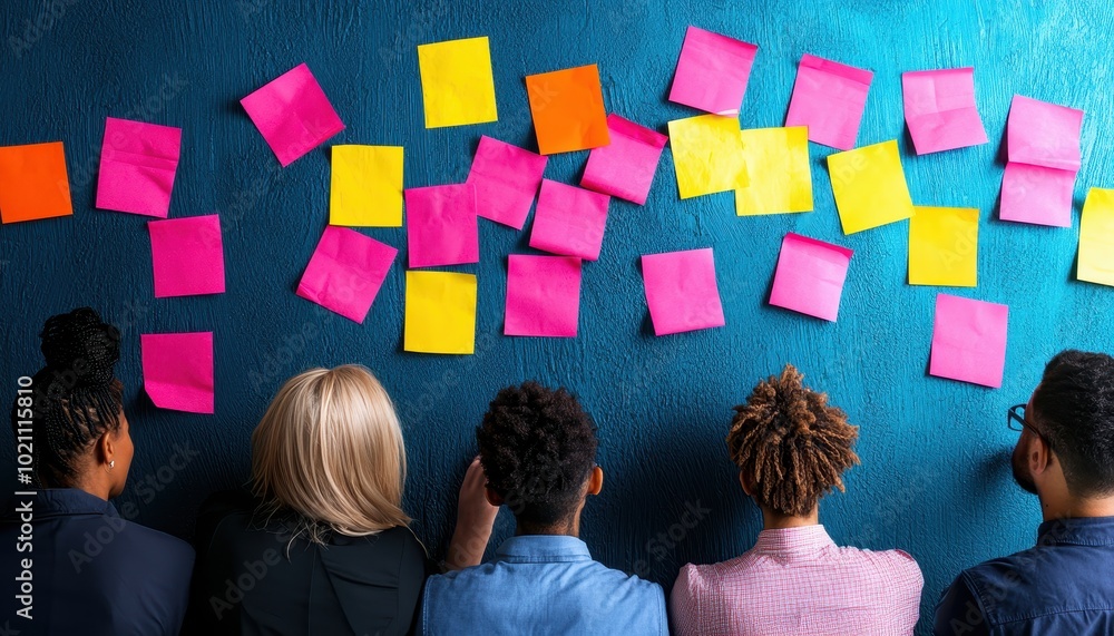 Poster team brainstorming with colorful sticky notes