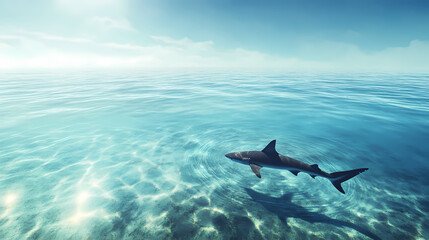 Obraz premium A shark circling in a crystal-clear lagoon with ample empty water around. the surrounding clear space allows for easy text placement. Crystal-Clear Lagoon. Illustration
