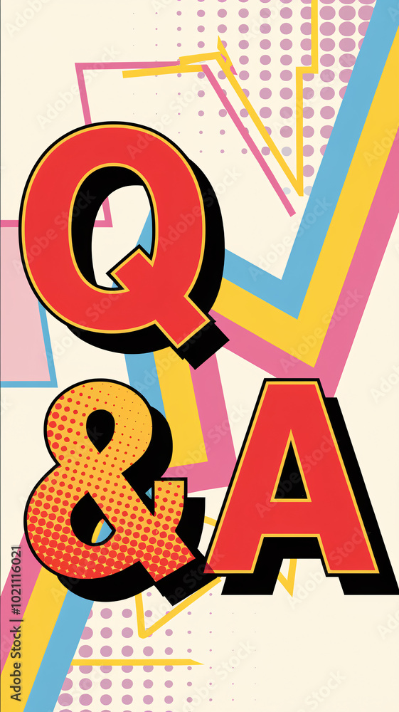 Poster bold red q&a letters with black outlines in a pop art style, featuring bright geometric shapes and h
