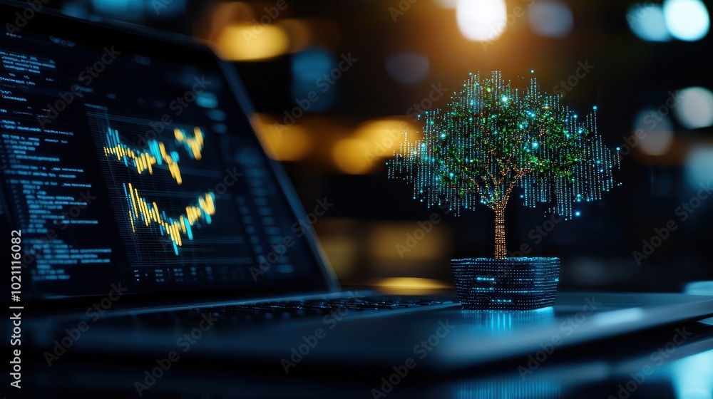 Aufkleber tree model beside laptop with coding elements