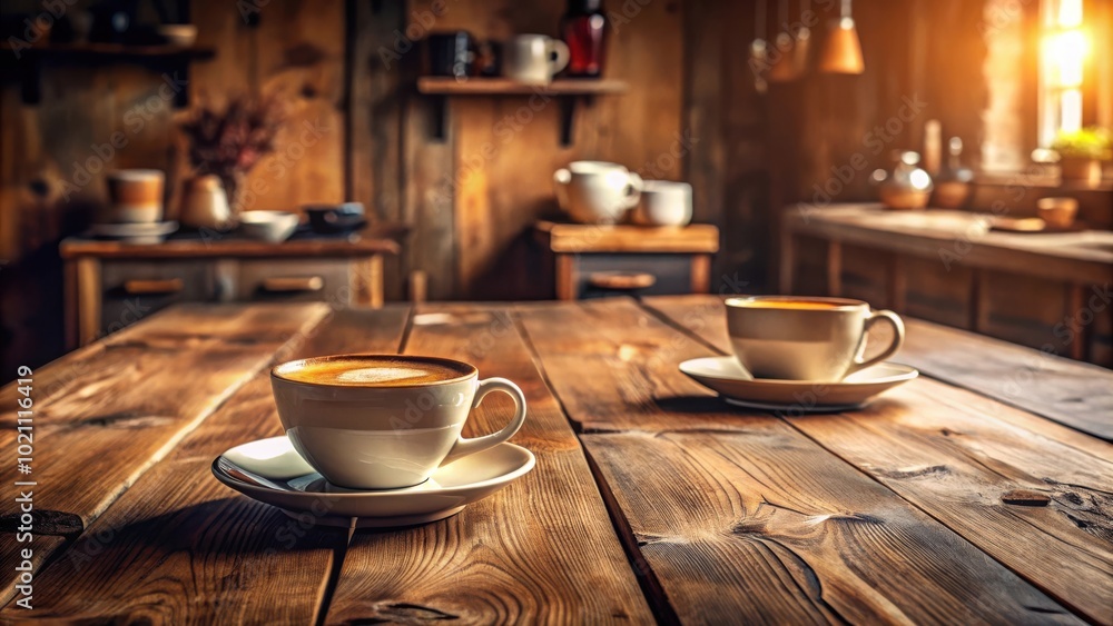 Poster two cups of coffee with foam resting on a rustic wooden table in a cozy cafe with warm, inviting lig