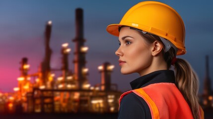 A focused female worker in a hard hat stands against an industrial background, showcasing strength and professionalism in a vibrant setting.