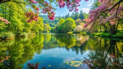 Serene Reflections of Pink Blossoms in a Tranquil Forest Lake