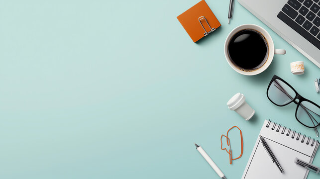Flat lay of a workspace with a laptop, coffee cup, notepad, and accessories on a teal background, ideal for remote work or productivity themes.