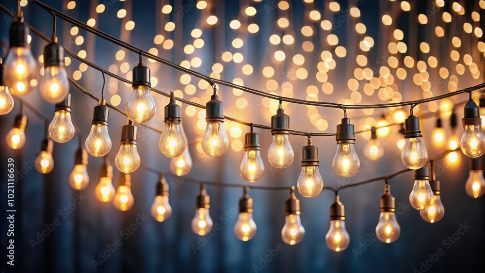 Poster Warm incandescent lights illuminate a string of glowing bulbs with a backdrop of twinkling bokeh.