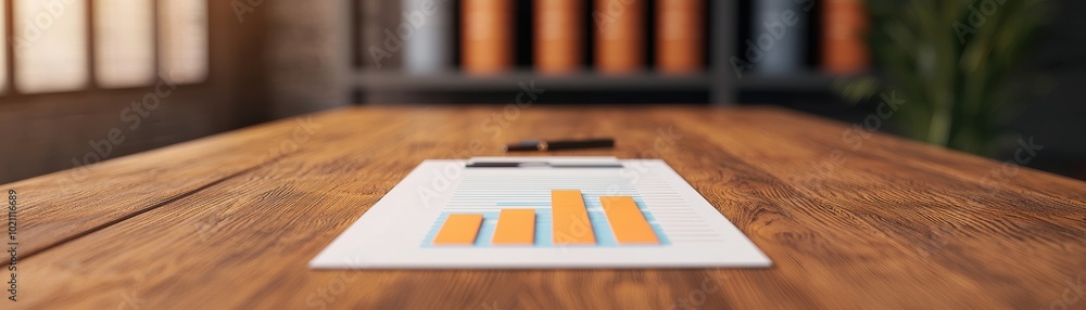 Poster a close-up view of a document with bar graphs on a wooden table, capturing a professional workspace 