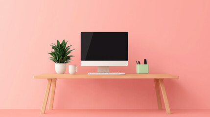Modern workspace featuring a computer, potted plant, and stationery items on a wooden desk against a pink backdrop, ideal for home office inspiration.