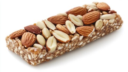 A nutritious protein snack bar made from almonds, seeds, and nuts, isolated on a clean white background, ideal for a health-conscious lifestyle. /