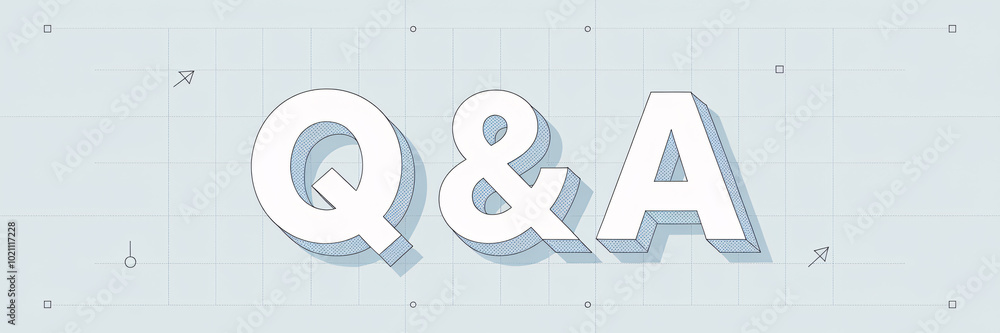 Poster minimalist q&a letters in a blueprint-style layout with geometric lines and shapes. technical and pr