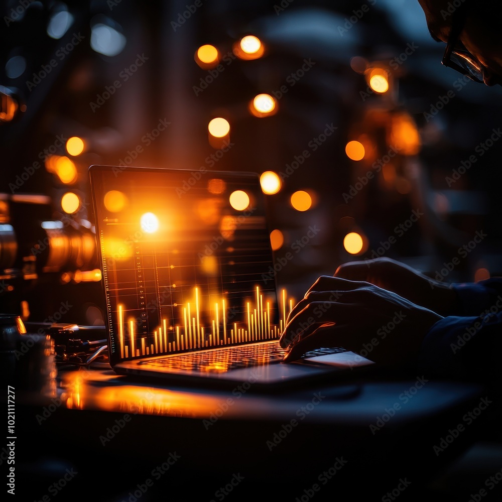 Poster a warm-hued scene featuring a person using a laptop, with sound wave graphics illuminated by sunset 