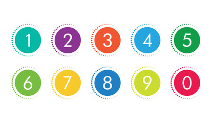 colorful bullet points number set from zero to nine. circles and numbers. colorful number digit vector icon with white background. Numbers symbols. Flat icons . Set of 1-9 numbers