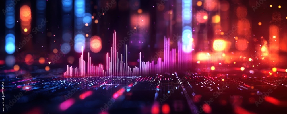 Aufkleber a vivid digital soundwave visualization with colorful lights and pulsating bars, representing audio 