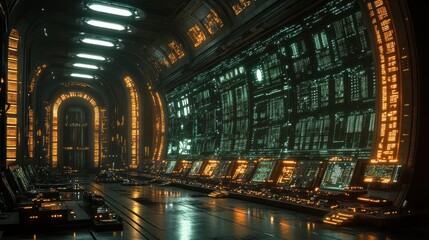 Futuristic control room with glowing panels and screens.