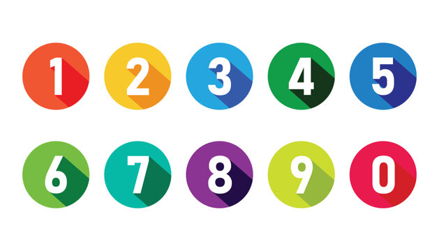 Number set from zero to nine on colorful circle with shadow. colorful circles and numbers. numbers symbols with long shadow. number digit vector icon with colorful circle. set of 1-9 numbers
