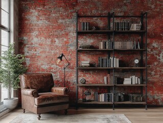 An industrial-inspired library featuring exposed brick walls in deep red tones with natural aging