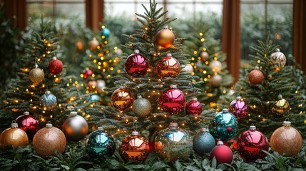 Festive Christmas trees adorned with colorful ornaments and lights.