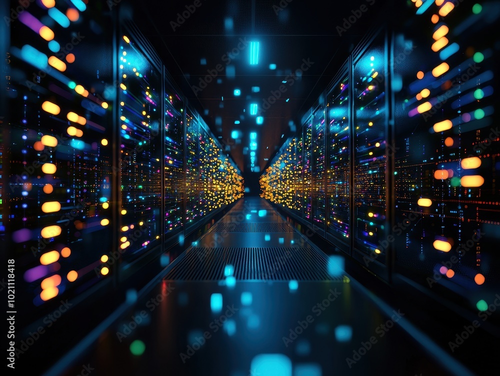 Poster data center with vibrant illuminated servers