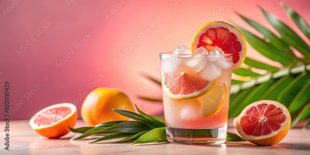 Poster a refreshing glass of citrusy lemonade garnished with grapefruit slices and ice cubes, resting on a 