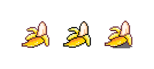 Pixel Art Banana Icon Vector Illustration. Yellow Tropical Fruit Graphic Isolated Sticker. Retro 8 Bit Banana for Video Game, Mobile, Web. Food Digital Element. Digital Art Asset