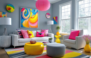 a grey wall with a colorful painting above the sofa, a white wooden coffee table and a comfortable grey couch, yellow side tables with bright pink lanterns