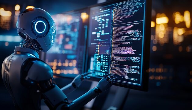 Engineers programming robotic systems, dual screens displaying automated workflow design, AIdriven automation