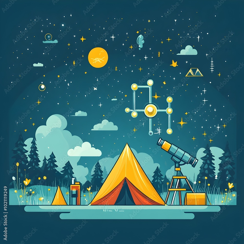 Poster Whimsical and playful science camp graphic featuring a telescope microscope and camping tent in the shape of a molecule  Bold colors simple shapes and an educational