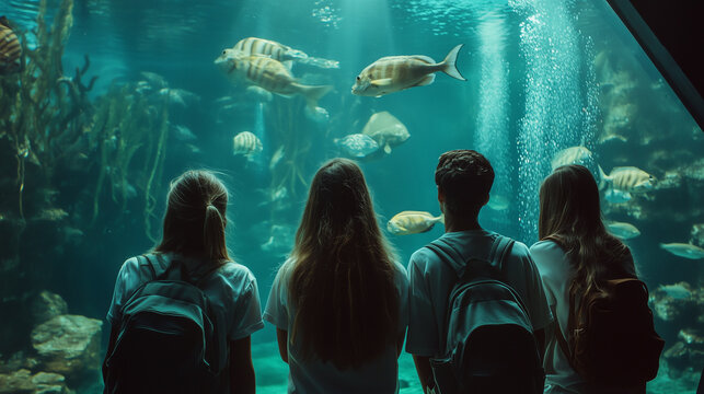Photo of gropu of teenagrs watching tropical fishes in oceanarium