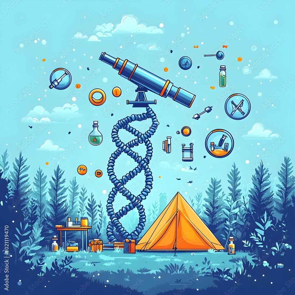 Poster stylish flat design of a science camp scene featuring a telescope microscope and other science theme