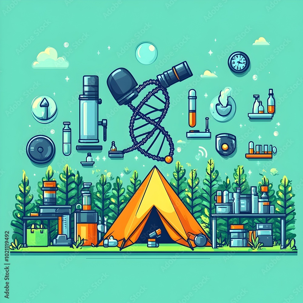 Poster Stylish flat design of a science camp scene featuring a telescope microscope and other science themed icons alongside a camping tent in the form of a DNA helix in a modernist