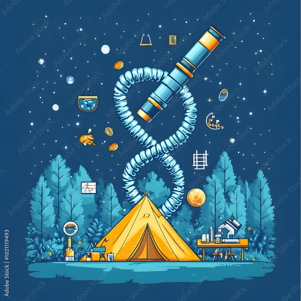 Poster Stylish flat design showcasing a science themed camping scene with a telescope microscope and other science icons alongside a tent in the shape of a DNA helix