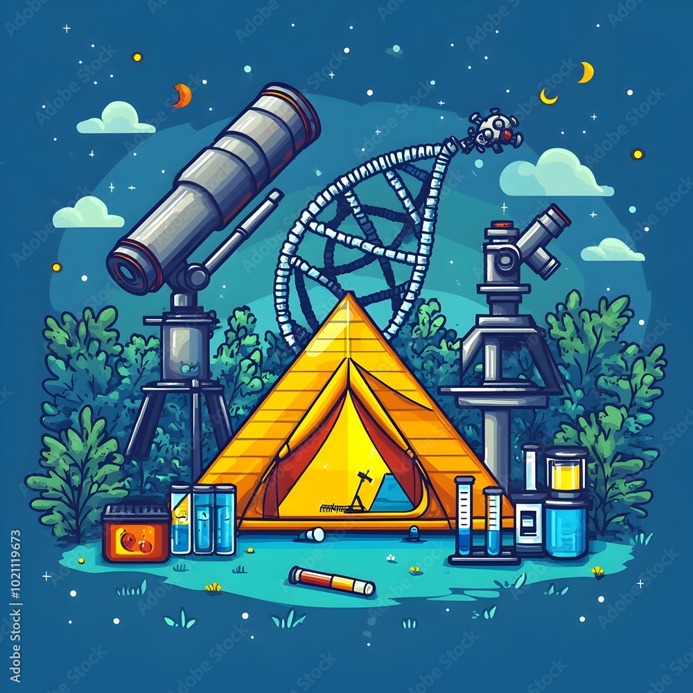 Poster minimalist of a science themed camping scene featuring a dna inspired tent surrounded by scientific 