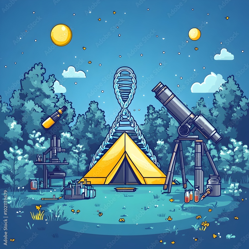Poster minimalist depicting a science themed camping scene with a dna inspired tent surrounded by various s