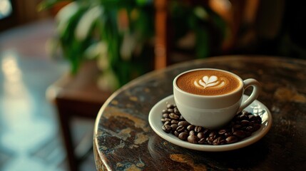 Fototapeta premium Cozy Cafe Moment with Freshly Brewed Latte Art in Rustic Mug on Wooden Table