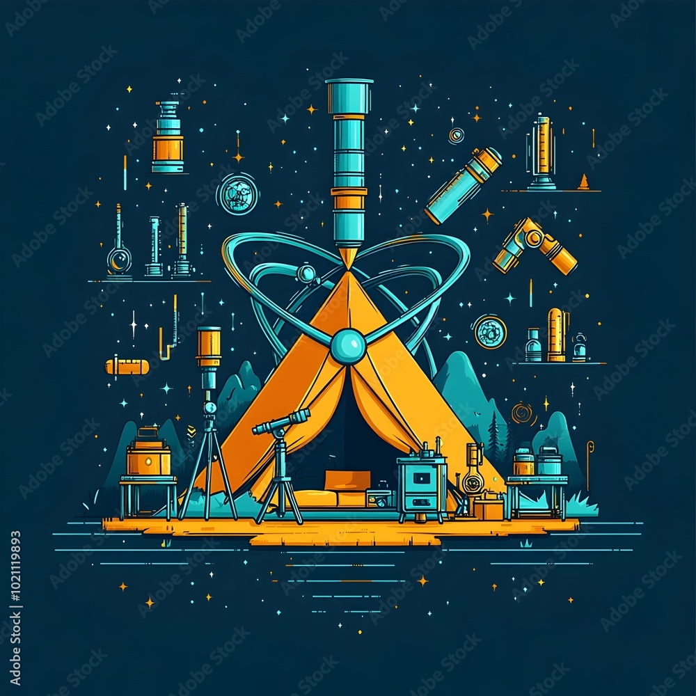 Poster Vibrant flat design graphic depicting a science themed camping experience with a telescope microscope and various science themed icons surrounding a tent in the shape of an atom