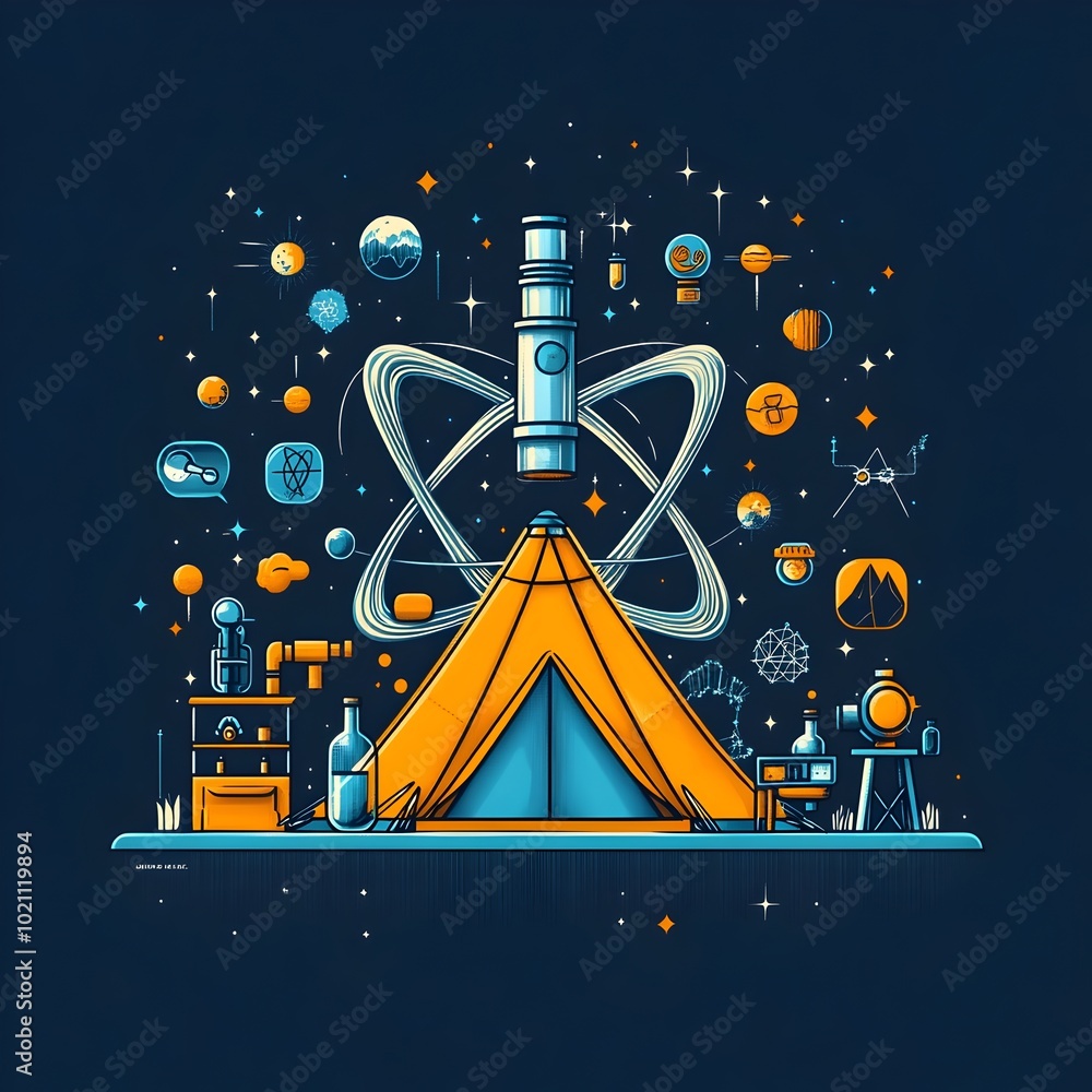Poster Vibrant flat design graphic depicting a science themed camping experience with a telescope microscope and various science themed icons surrounding a tent in the shape of an atom